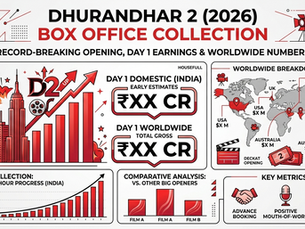 Chart showing "Dhurandhar 2 (2026)" box office collection. Features graphs, maps, and figures in red and black, highlighting global earnings.