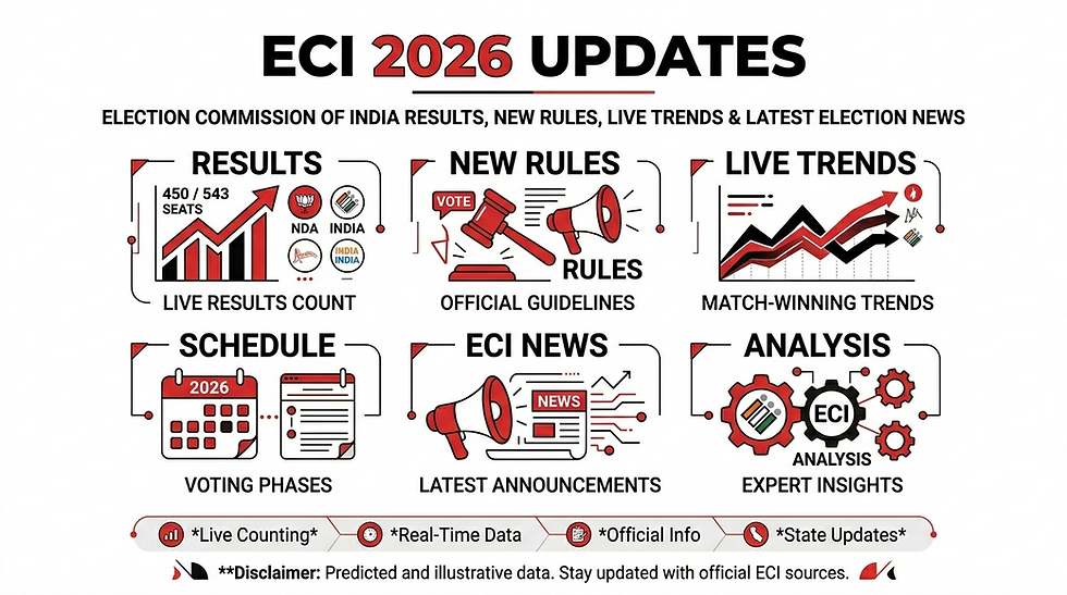 Graphic titled "ECI 2026 Updates" shows results, new rules, live trends, schedule, news, and analysis with icons and charts in red and black.
