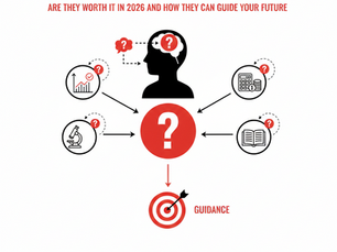 Silhouette of a person with question marks around, surrounded by icons of graphs, a microscope, calculator, book. Text: Aptitude Tests After 10th.