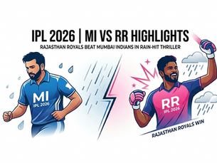 IPL 2026: Illustration of MI vs RR. MI player in blue under rain, RR player in pink celebrating. Text: Rajasthan Royals win.