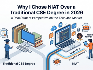 Split image comparing Traditional CSE Degree with NIAT in 2026. Traditional side shows books and a graduate; NIAT side has a laptop, VR, and tech icons.
