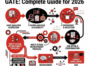 Flowchart of PSU recruitment via GATE 2026. Red and black icons depict stages: score analysis, interviews, job offers, strategy, placement.