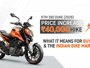 Orange KTM 390 Duke bike with text announcing ₹40,000 price hike. Discusses impact on buyers and Indian bike market. White background.