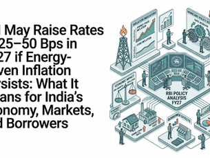 RBI policy chart shows potential 25-50 bps rate hike in FY27 due to energy inflation. Depicts market impacts on GDP, inflation, and interest rates.