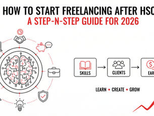 Guide on freelancing post-HSC for 2026. Illustrations of skills, clients, and earning process with growth arrow. Black and red theme.