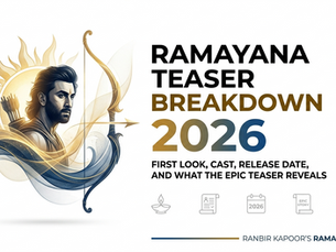 Illustration of a man with arrows, framed by a sun. Text: Ramayana Teaser Breakdown 2026. Icons and bow on white background.