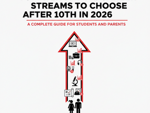 Black and red infographic arrow with career icons points up, text: "Top High Paying Career Streams to Choose After 10th in 2026."