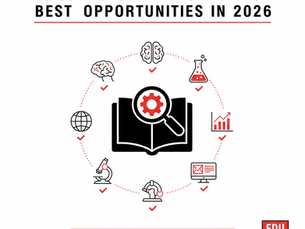 Open book with a magnifying glass, surrounded by science icons, text: "PG Colleges with Best Research Opportunities in 2026."