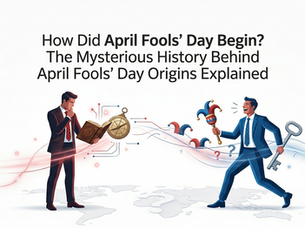 Two men in suits, one pondering with an open book and compass, the other joyfully holding a jester's stick and key. Text: How Did April Fools' Day Begin?