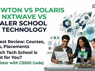Three students happily discuss tech topics, graphs, and future plans at Scaler School. Background shows tech symbols and a rocket.
