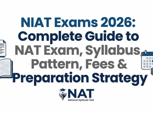 Guide for NIAT Exams 2026. Includes info on NAT exam, syllabus, fees, and strategies. Features open book, calendar, and money icons.