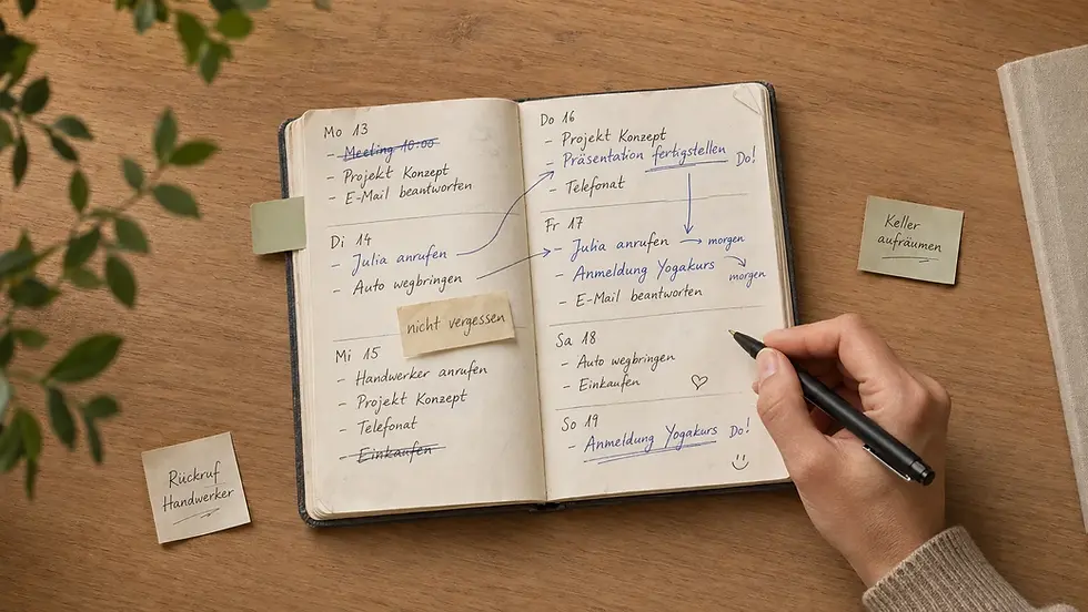Hand mit Stift vor einem offenem Notizbuch mit To-Do-Liste auf Holztisch; Klebezettel mit Aufgaben, ruhige Planungsstimmung.