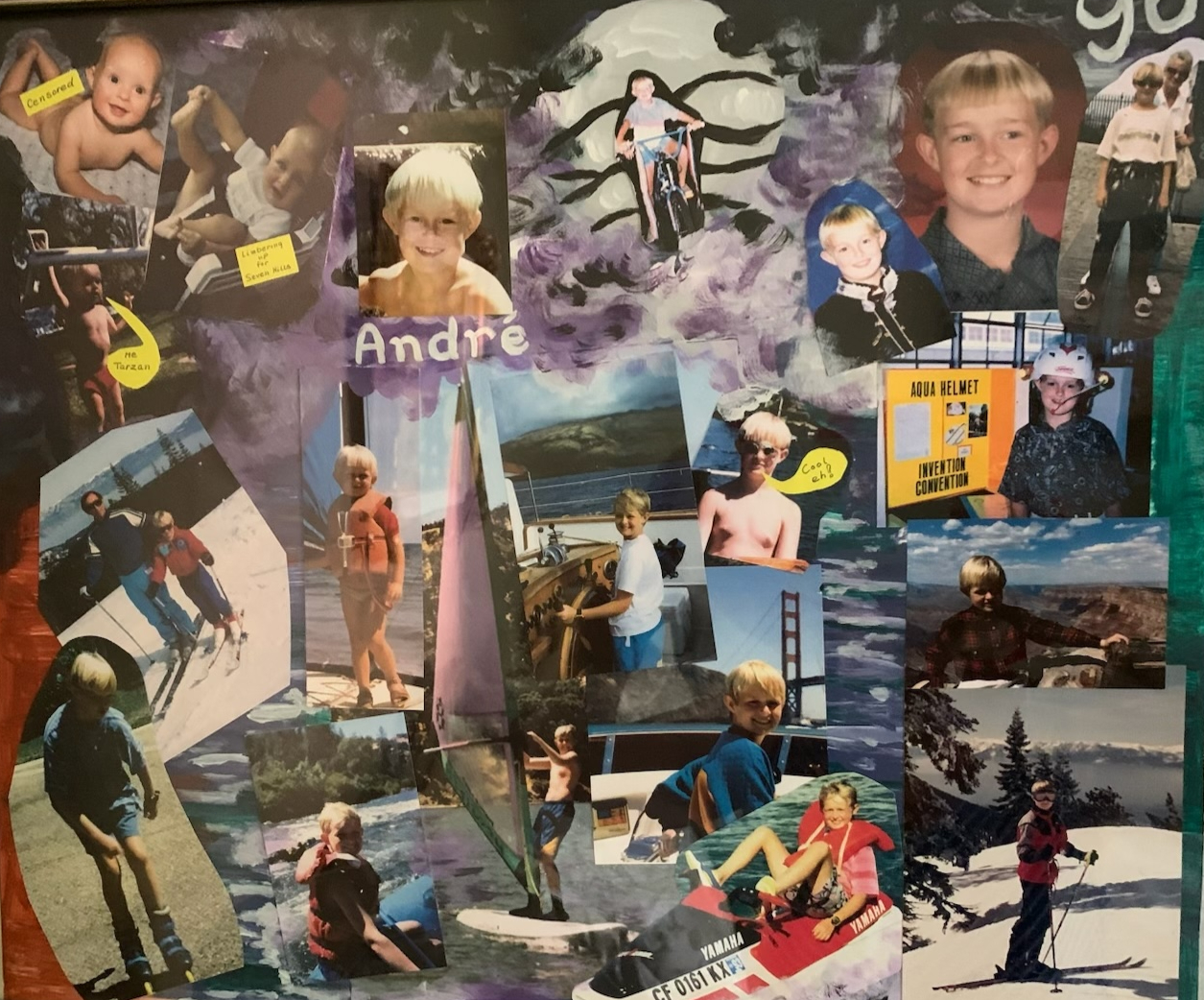 Collage of André Lay childhood pictures, displaying his love of boating from an early age.