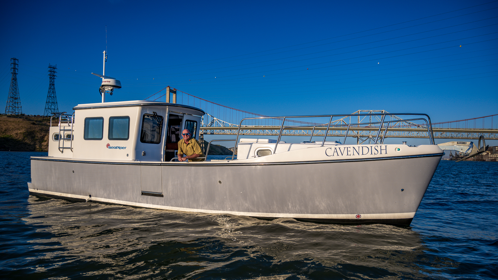 André Lay aboard his 2022 SeaPiper 35 Cavendish in the San Francisco Bay. Photo Credit: Jeff Eaton, Walker Valley Media