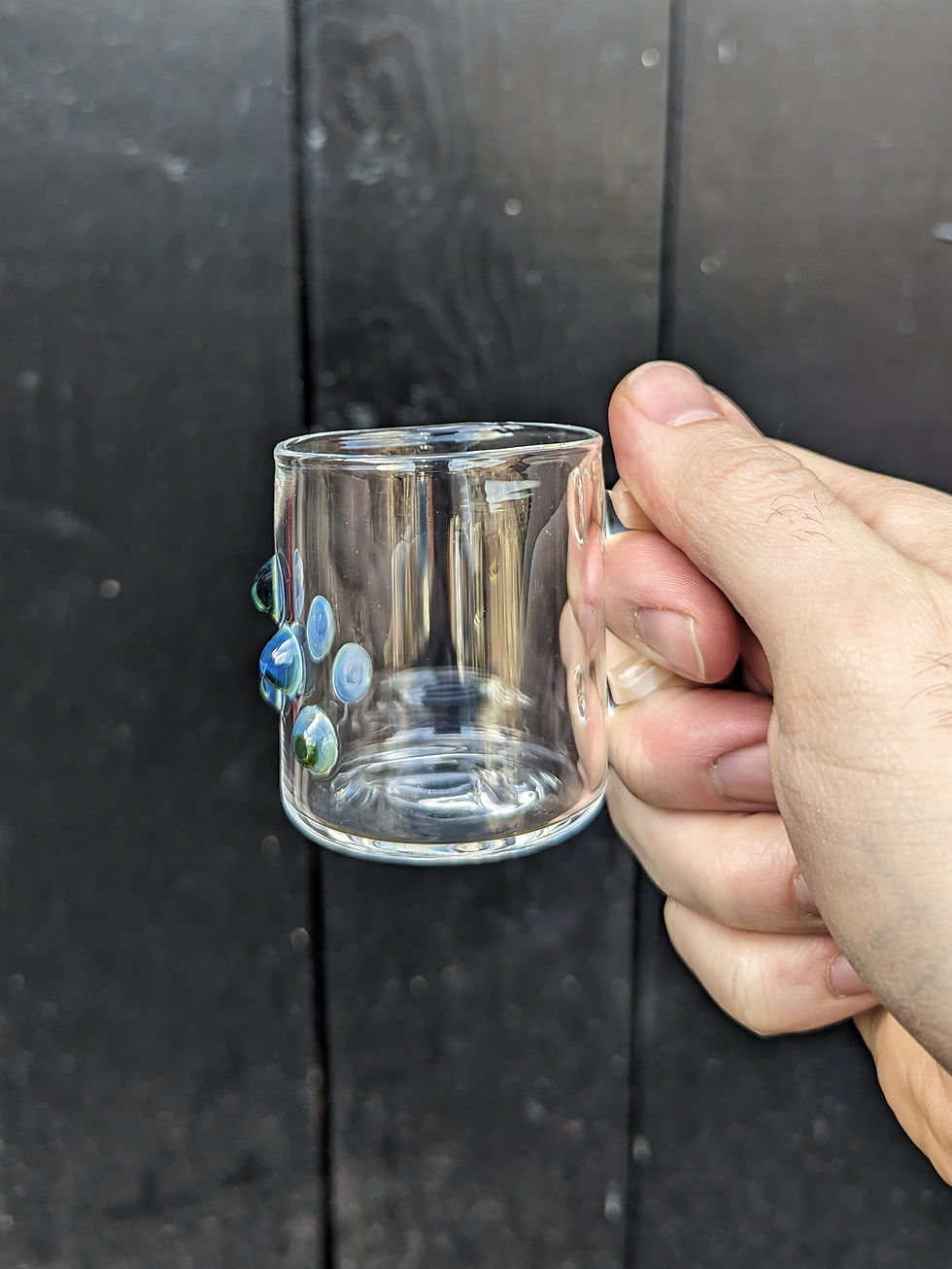 Thumbnail: Glass Espresso Cup with Blue green Spots, handmade blown glass