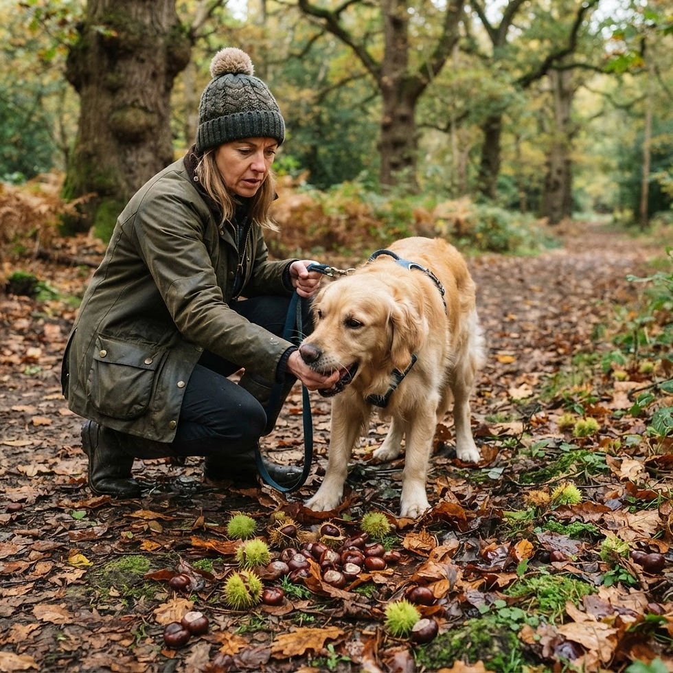 Woman taking conkers out of a dogs mouth