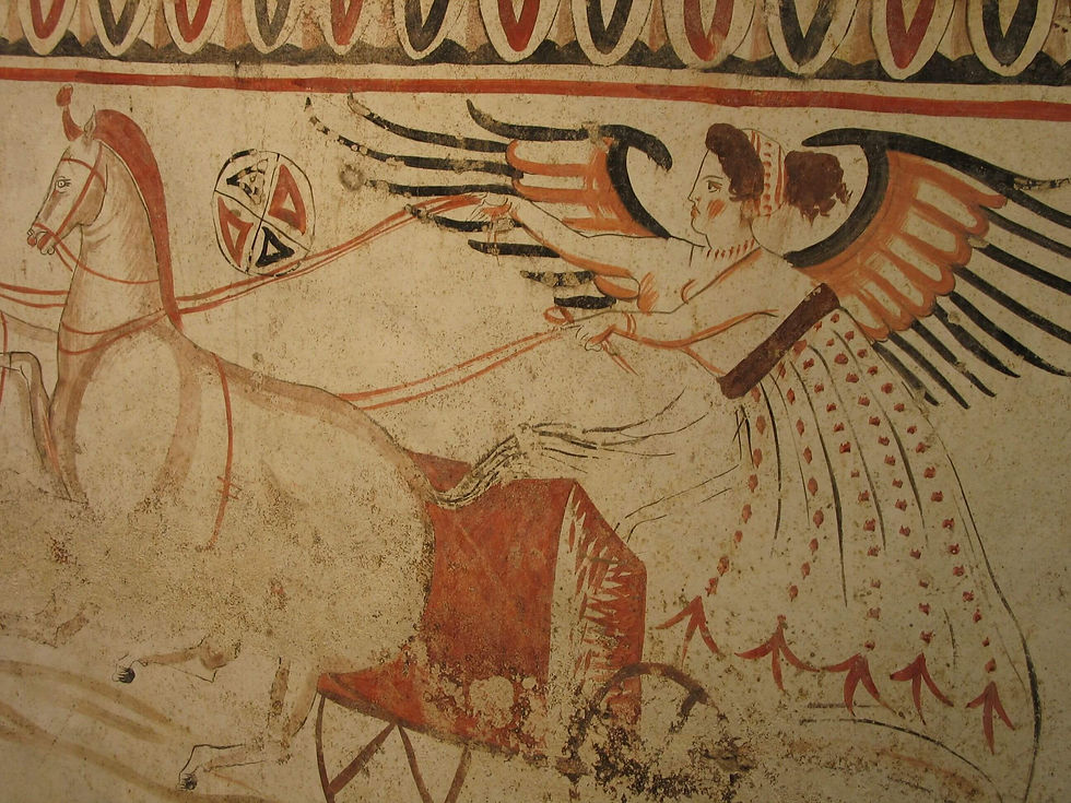 Ancient Egyptian mural of a winged woman driving a horse-drawn chariot, with red, black, and cream painted details.