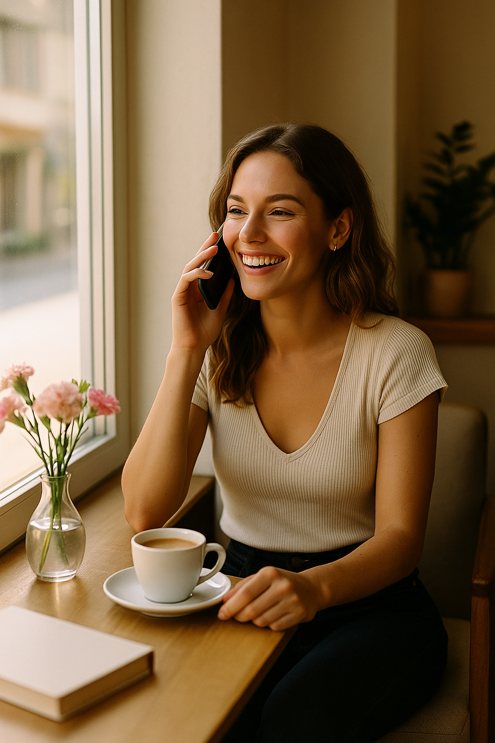 Young woman smiling while talking on the phone in a café by the window. She radiates confidence and energy – representing the ovulation phase of the menstrual cycle.