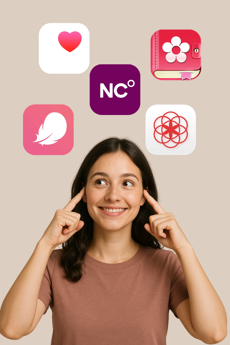 Smiling woman looking up at popular period tracking app icons (Clue, Flo, Apple Health, Natural Cycles, Period Calendar) – best apps to calculate menstrual cycle 2025.