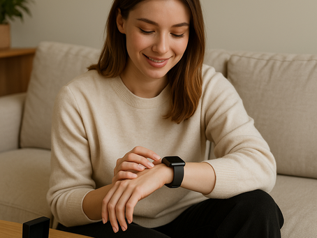 Young woman sitting on a sofa with smartwatch and ring – modern cycle tracking combined with everyday comfort and sustainable period underwear from allthingsdaysie.