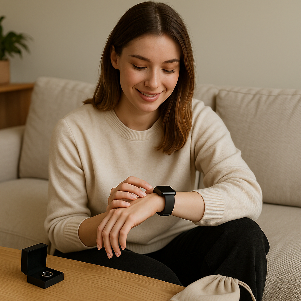 Junge Frau auf dem Sofa mit Smartwatch und Ring – modernes Zyklus-Tracking kombiniert mit alltäglichem Komfort und nachhaltiger Periodenunterwäsche von allthingsdaysie.