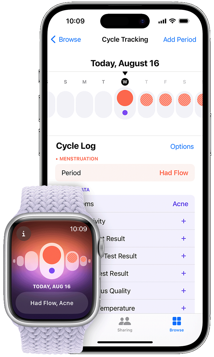 Apple Health app iPhone screenshot – cycle tracking log with menstruation and symptom entries, synced with Apple Watch.