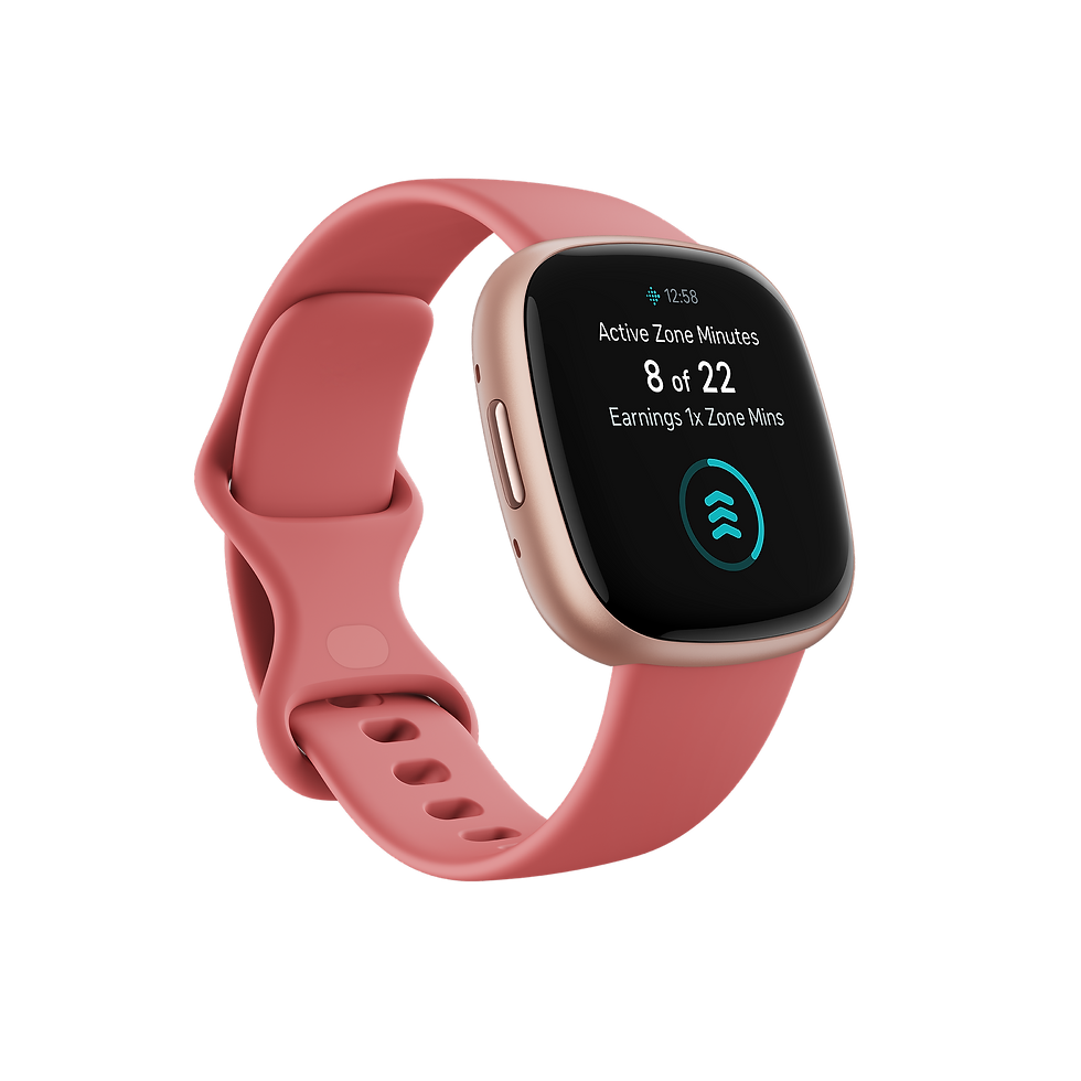 Fitbit Versa 4 Smartwatch in Rosé mit digitalem Display, geeignet für Aktivitätsmessung, Stressmanagement und Menstruations-Tracking.