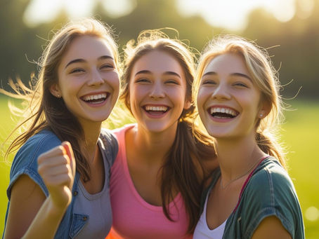 Three young women smiling happily outdoors – representing a positive, carefree switch to period underwear with allthingsdaysie.