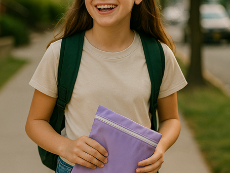 Smiling schoolgirl with a green backpack holding a purple wet bag – symbolizing confidence and readiness for her first period.