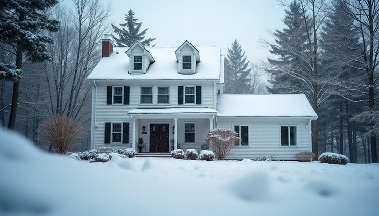 Eye-level view of a Maine home with snow-covered roof and insulated siding