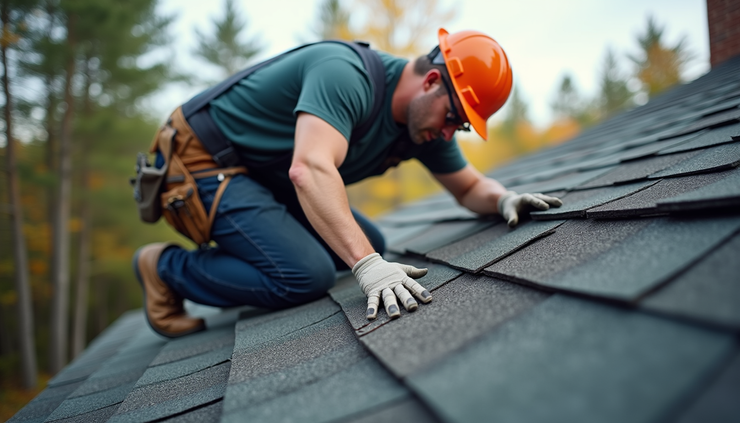 Close-up view of a roofing contractor inspecting shingles on a Brunswick Maine home
