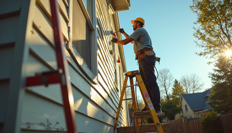 High angle view of professional painters working on a Pittsburgh home exterior