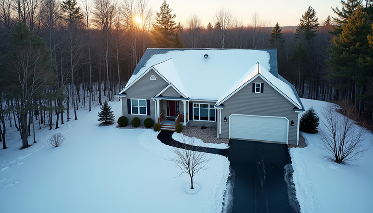 High angle view of a Bangor home with a newly replaced roof and snow on the ground