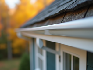 Seamless gutter installed along the roof edge of a Maine home to improve drainage and protect the exterior from water damage.