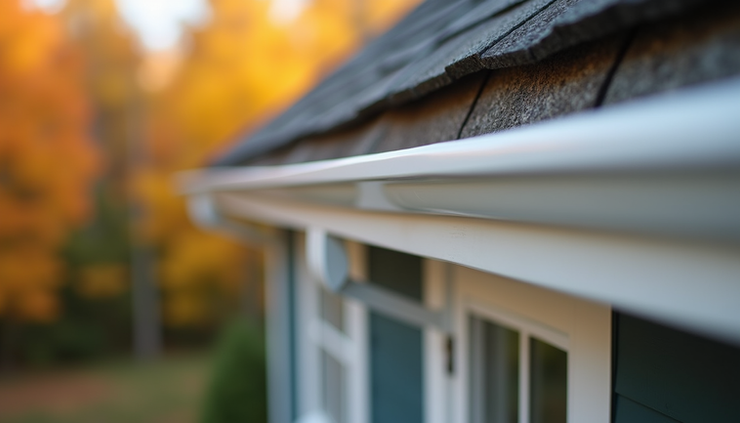 Eye-level view of new seamless gutters installed on a Maine home exterior