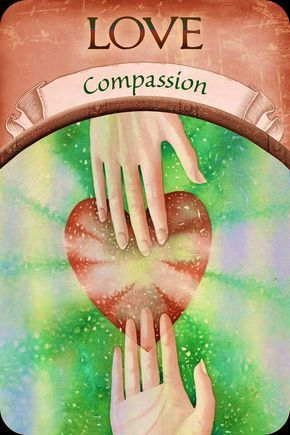 Kaart met LOVE en Compassion; twee handen raken een rood hart in een groenroze, dromerige achtergrond.