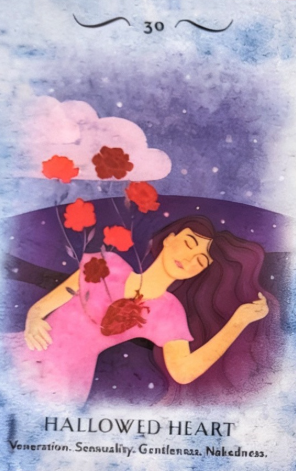 Illustratie van vrouw in roze jurk met bloemen tegen paarse hemel; pagina 39 met tekst Hallowed Heart.