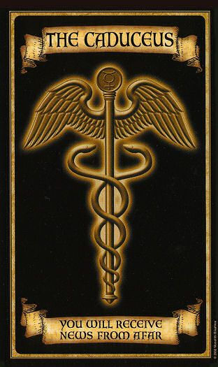 Gouden caduceus op zwarte poster met tekst THE CADUCEUS en YOU WILL RECEIVE NEWS FROM AFAR in vintage stijl.