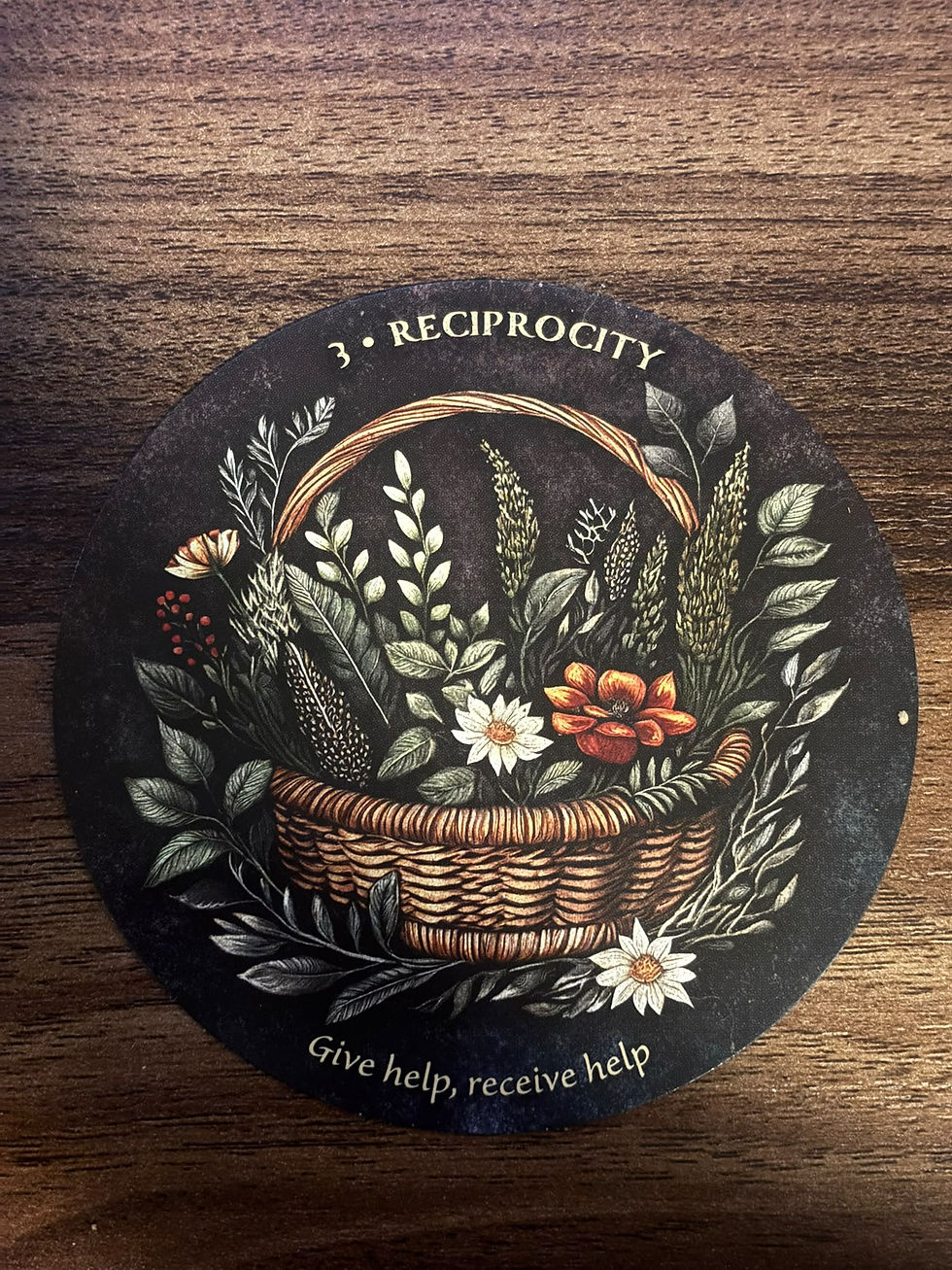 Ronde kaart met mand vol bloemen en bladeren op houten tafel, met tekst: 3 Reciprocity en Give help, receive help.