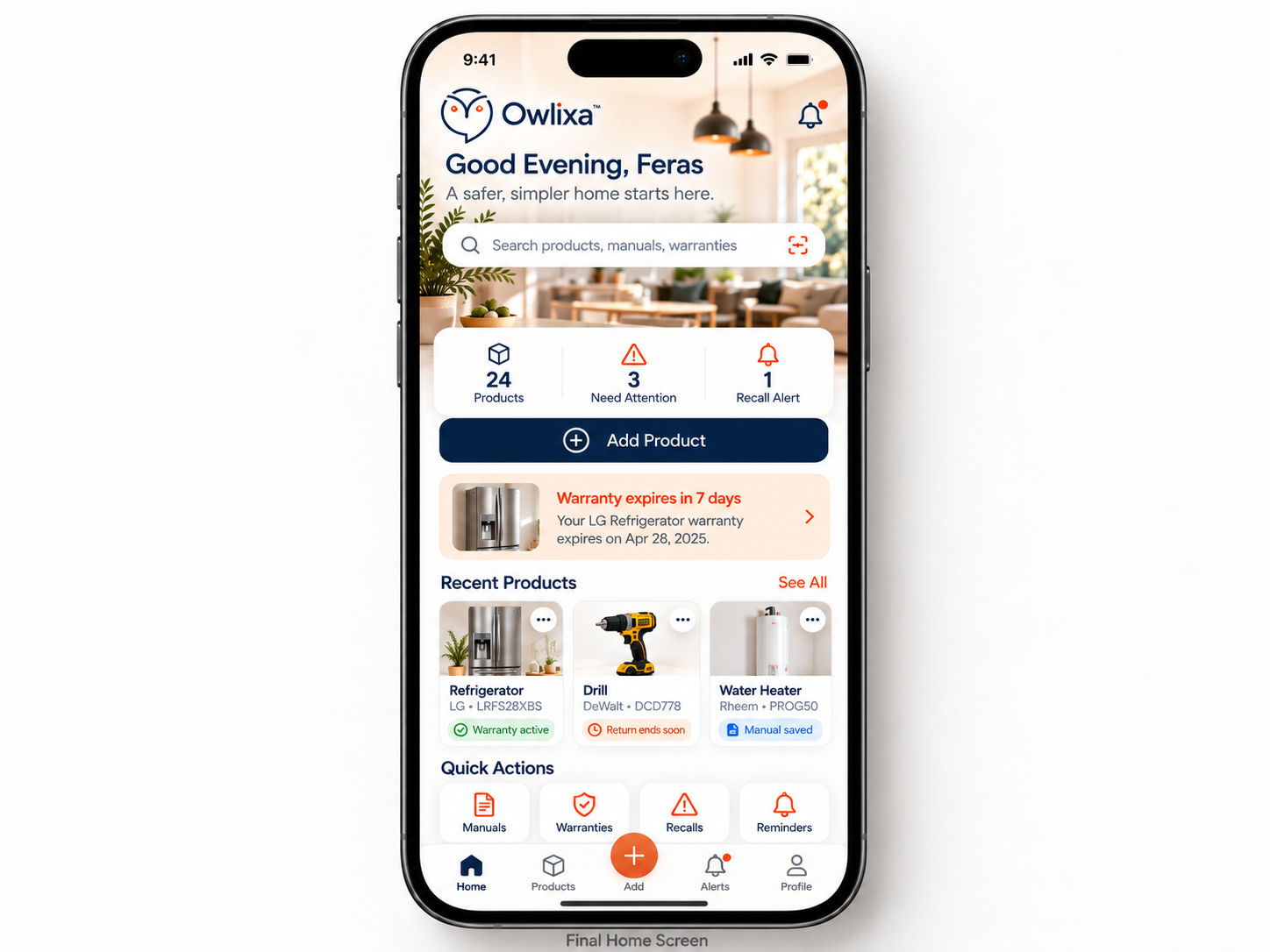 Original Owlixa home screen with product search, warranty alerts, recent products and quick actions