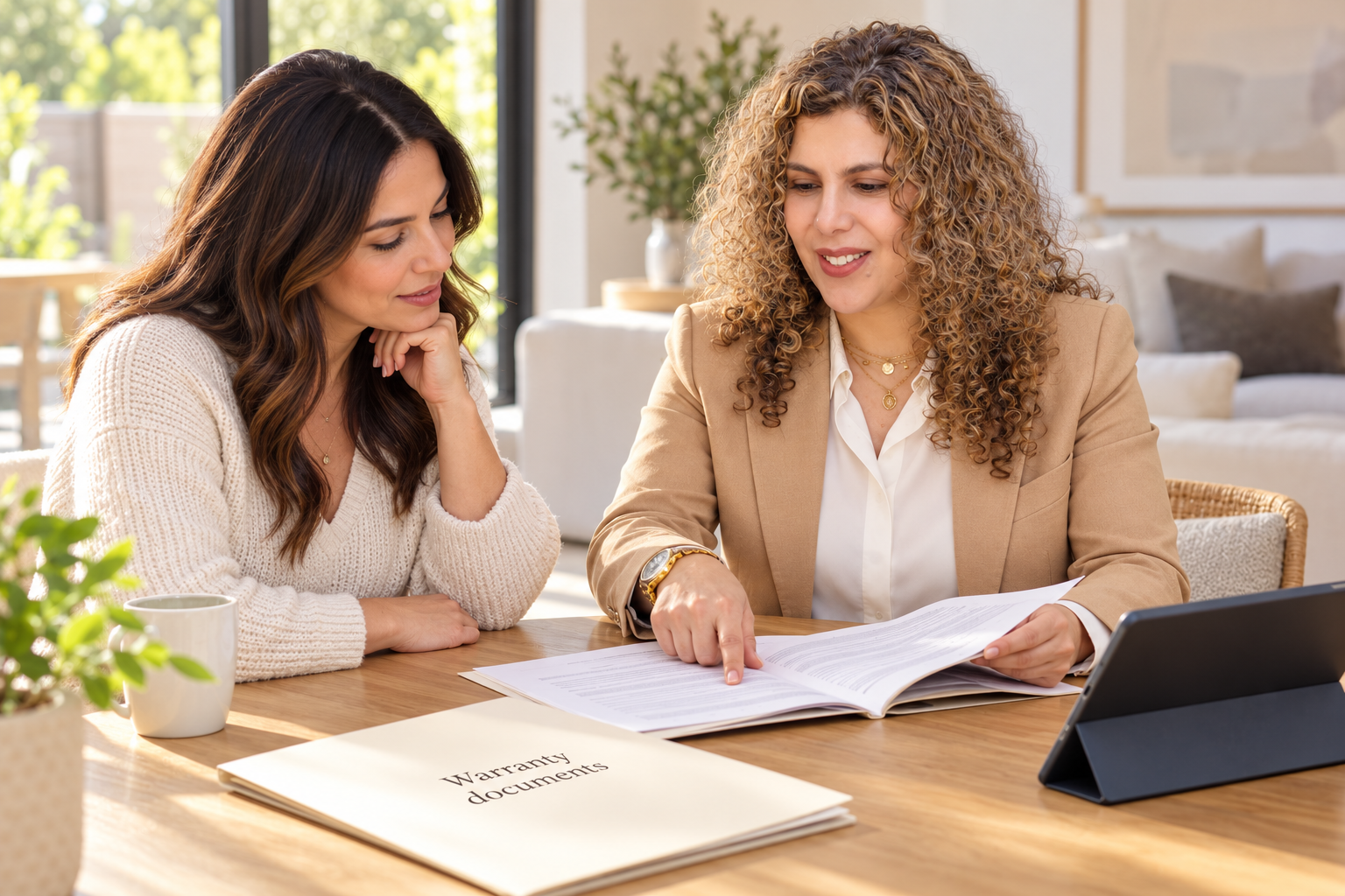 AI-created scene of Oroba in a camel jacket explaining warranty documents to a homeowner