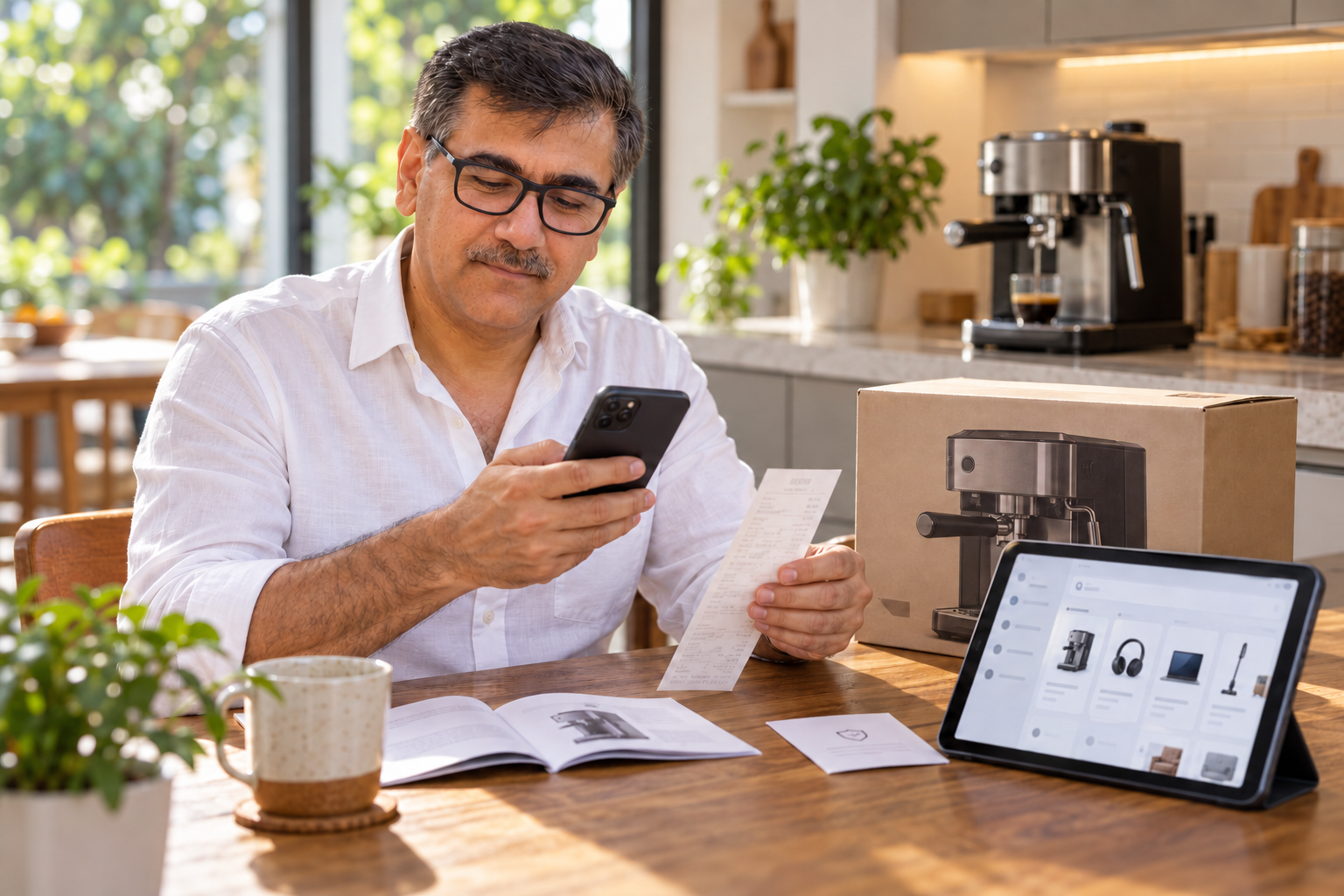 AI-created scene of Feras organizing a purchase receipt, manual and warranty card at home