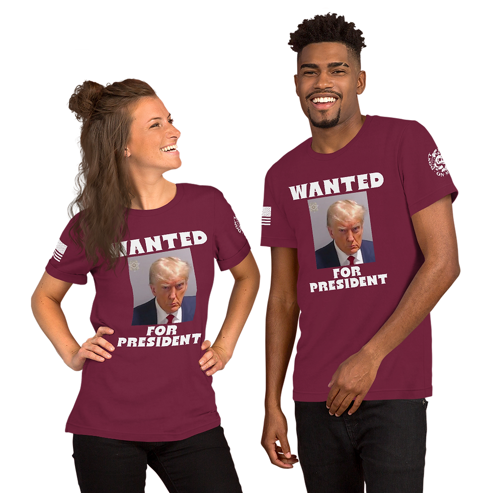 Thumbnail: TRUMP WANTED, W/ FLAG & DTOM LOGO - WHITE PRINT T-shirt