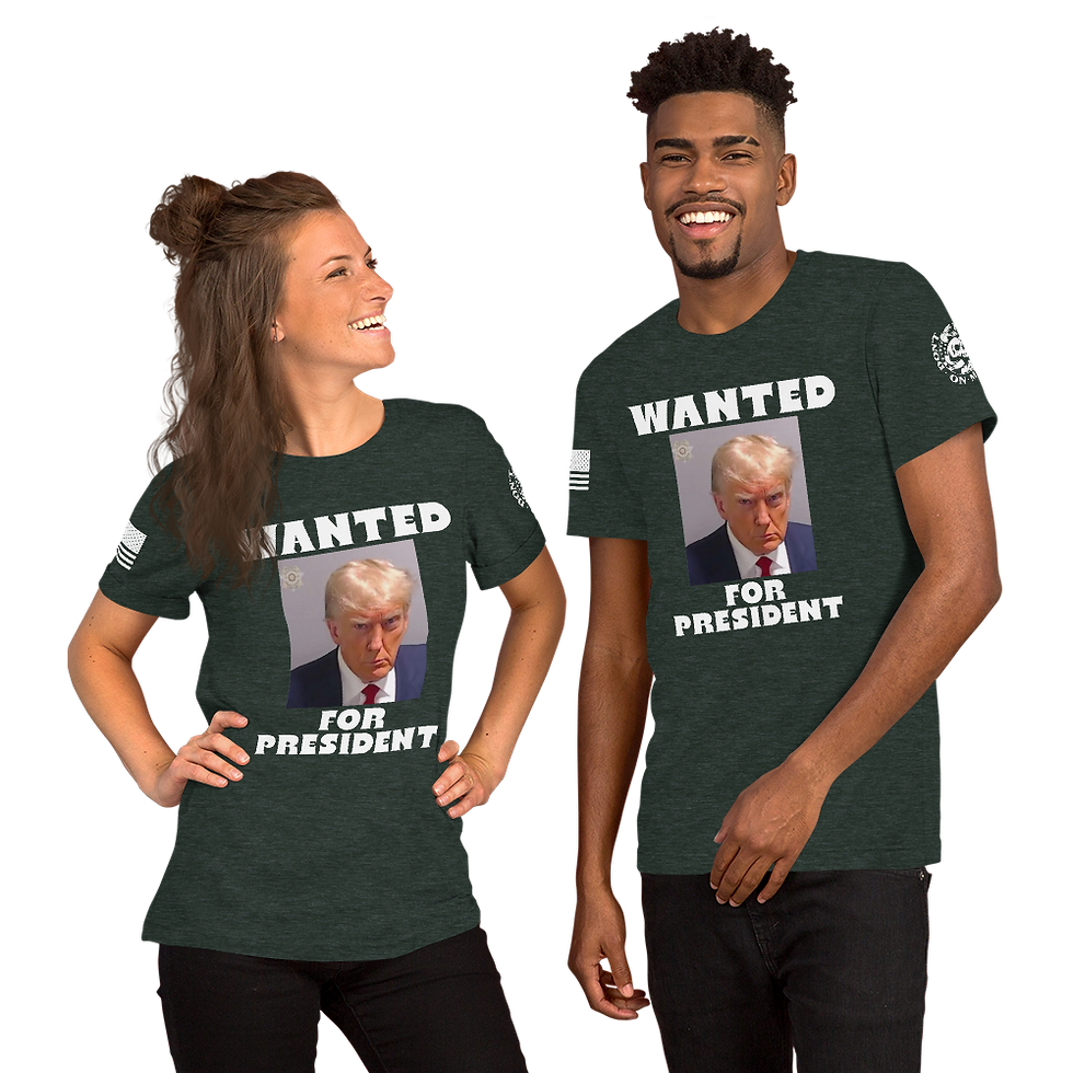 Thumbnail: TRUMP WANTED, W/ FLAG & DTOM LOGO - WHITE PRINT T-shirt