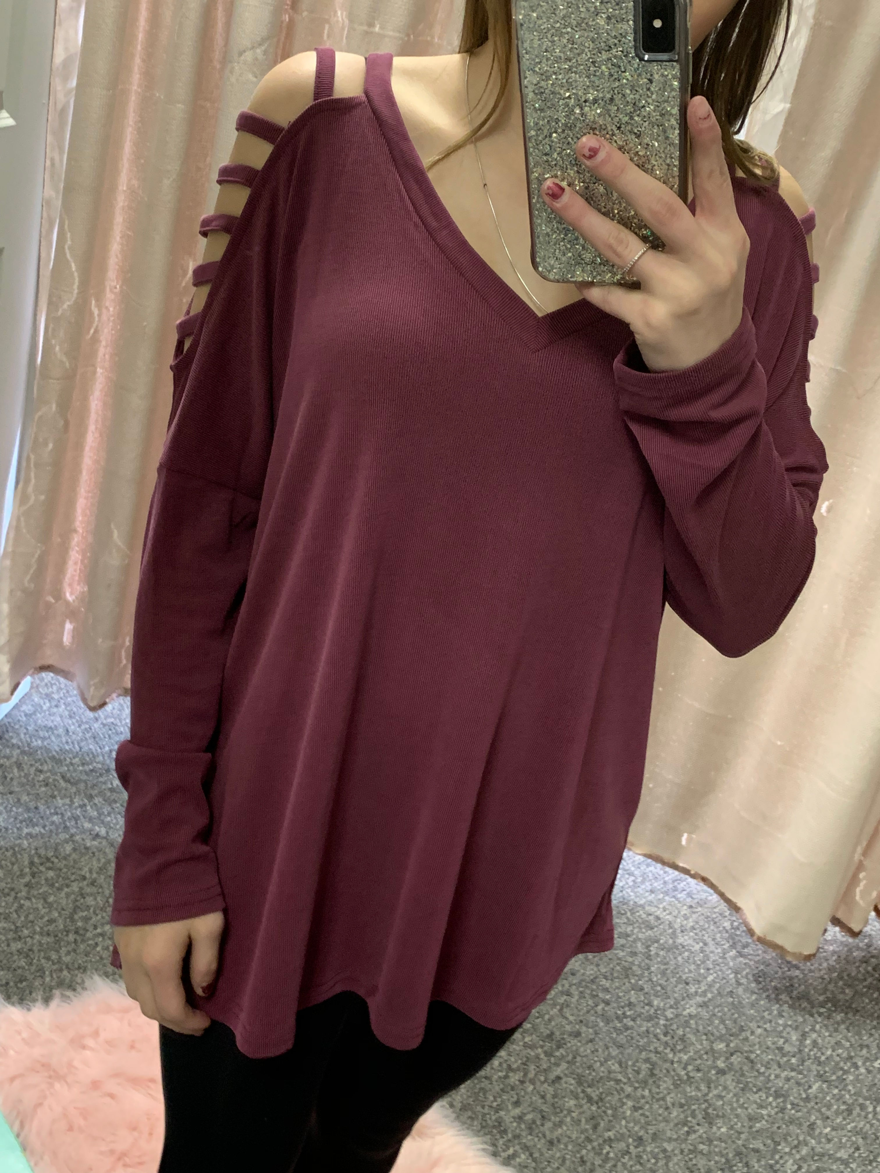 Wine v neck top with ripped sleeve