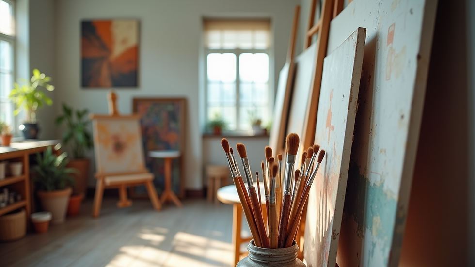 Eye-level view of a small art studio with canvases and paintbrushes