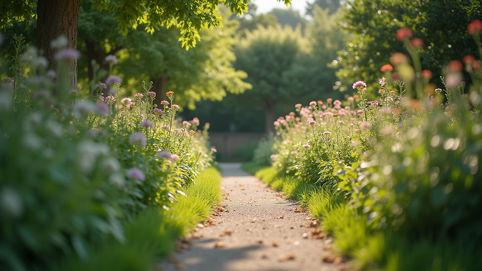 High angle view of a peaceful garden path with greenery and flowers