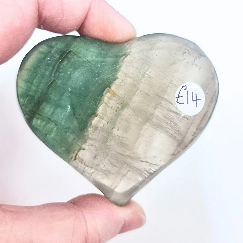 Green and grey Rainbow Fluorite Heart crystal, £14