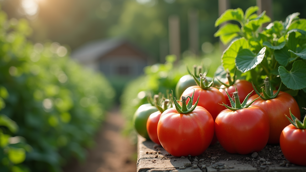 Wide angle view of a community garden with fresh produce