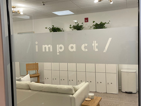 Impact Sandblasted/frosted glass signage, desinged, fabircated and installed by Skyline Graphic Management